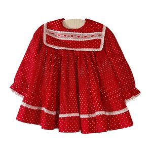 Vintage Infant Dress Red White Pin Dot Pinch Pleated Skirt Lace Trim